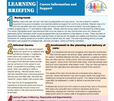 The image shows 3 sections of the first page of the Carers learning briefing