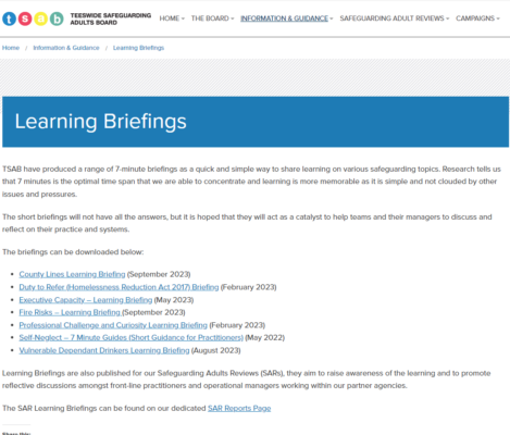 Image showing the Learning Briefings webpage from the TSAB website