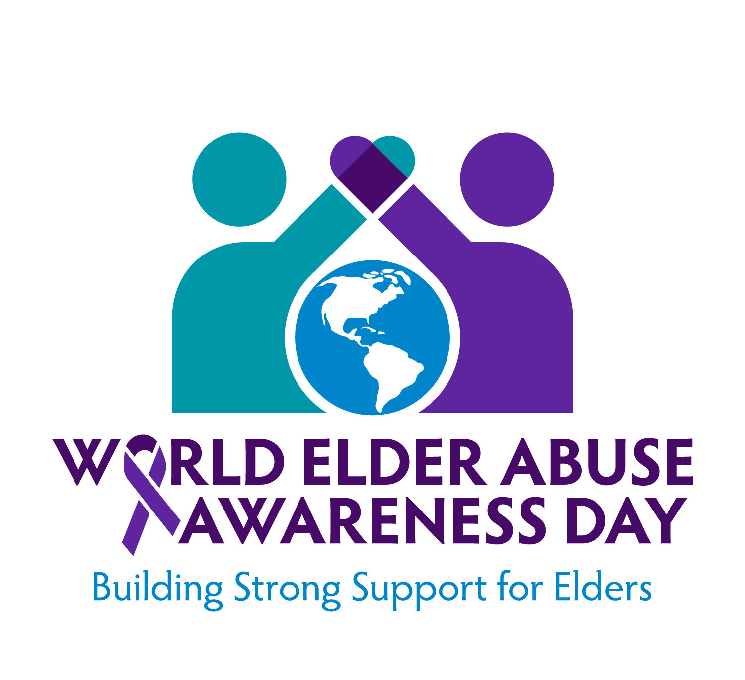 A purple and green people on a white background linking arms.  Elder abuse awareness day logo